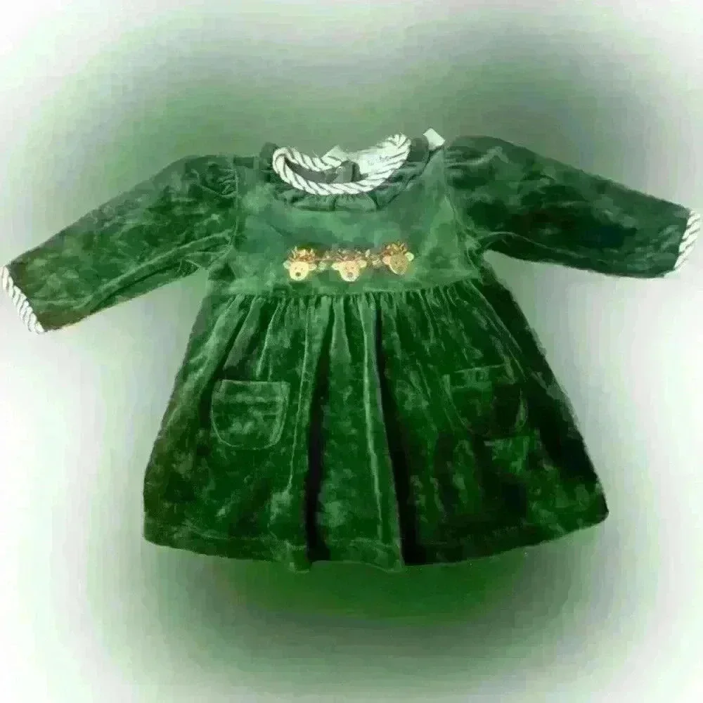 LeTop Vintage 3 Reindeers Velour Christmas Infant Green Dress Size 9 months